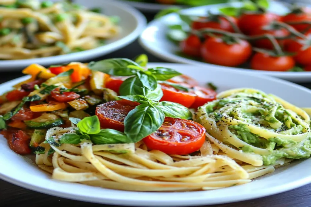 A variety of delicious pasta dishes including whole wheat pasta, avocado pasta, and tomato basil pasta, beautifully presented.