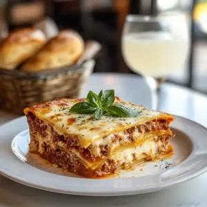 A slice of classic lasagna on a white plate, showing distinct layers of pasta, meat sauce, béchamel, and cheese, garnished with basil.