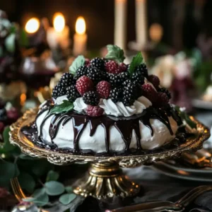 A dark chocolate pavlova topped with whipped cream, chocolate drizzle, and fresh blackberries on a festive table with candles and flowers.