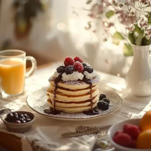 A luxurious stack of fluffy pancakes topped with whipped cream, fresh berries, and chocolate syrup on an elegant breakfast table.