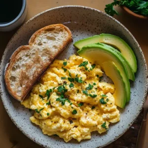 Fluffy scrambled eggs garnished with parsley, served with toast, avocado slices, and a cup of coffee on a breakfast table.