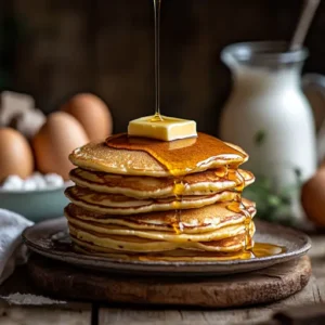 A stack of golden traditional pancakes topped with butter and drizzled with maple syrup on a rustic wooden table.