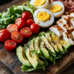 Fresh Cobb salad ingredients neatly arranged on a rustic cutting board, including romaine lettuce, avocado, cherry tomatoes, grilled chicken, boiled eggs, and turkey bacon.