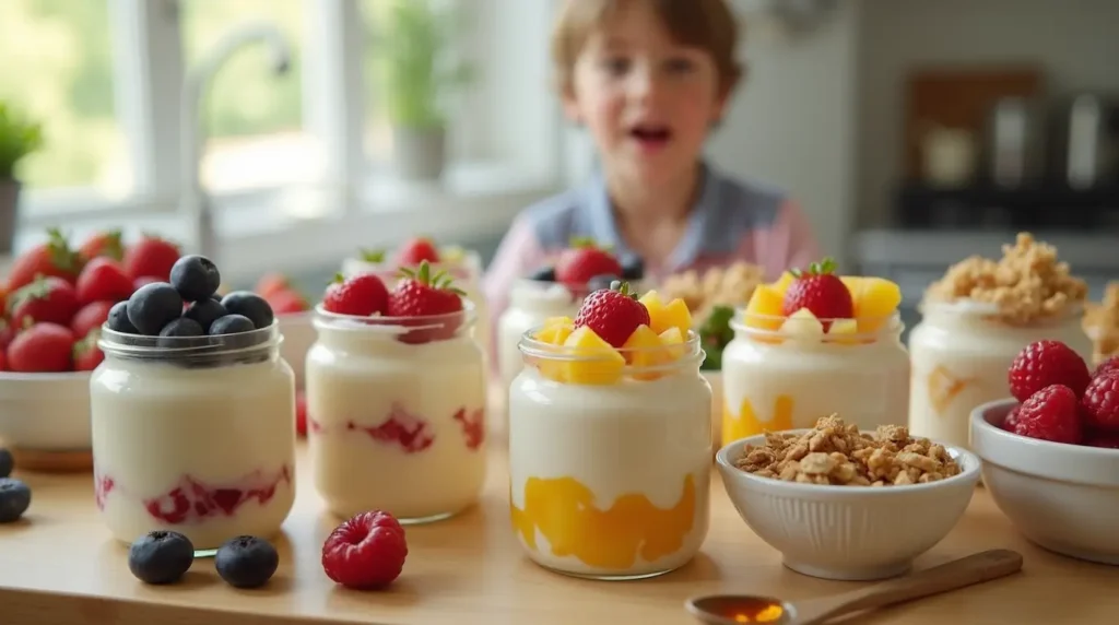 Multiple Chick-fil-A-inspired yogurt parfaits in clear jars, surrounded by bowls of fruit, granola, and honey, in a warm kitchen setting.