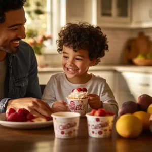 A family enjoying Chick-fil-A yogurt parfaits with fresh fruit at a kitchen table.