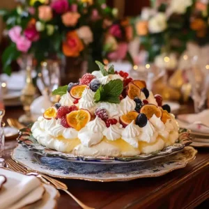 A festive pavlova centerpiece with whipped cream and fruit toppings on a dining table.