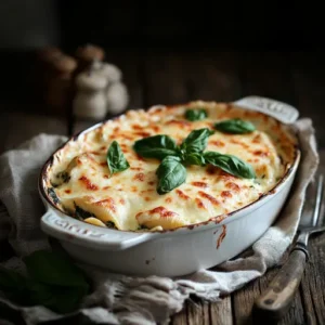 Baked spinach and ricotta stuffed shells topped with melted mozzarella and garnished with fresh basil on a rustic wooden table.