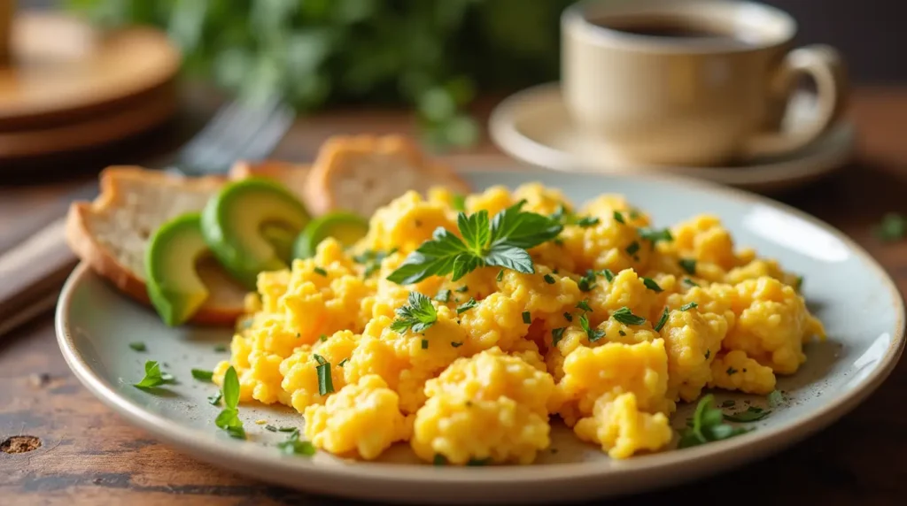 Fluffy scrambled eggs garnished with parsley, served with toast, avocado slices, and a cup of coffee on a breakfast table.