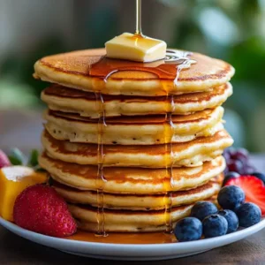 Towering stack of fluffy pancakes topped with butter and maple syrup, served with fresh fruit.