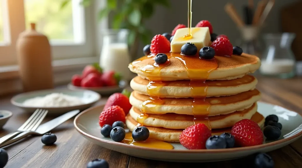 A stack of fluffy golden-brown pancakes topped with melting butter, fresh berries, and maple syrup on a rustic plate.