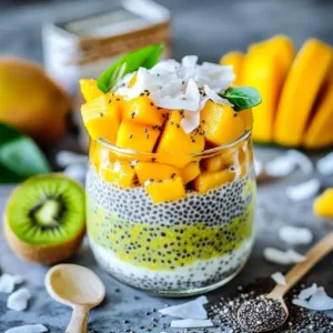 Vegan chia seed pudding in a glass jar topped with kiwi, mango chunks, and shredded coconut, set on a clean, modern surface.