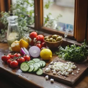 Fresh ingredients for Greek salad, including cucumbers, tomatoes, olives, feta cheese, and a lemon, arranged on a wooden countertop.