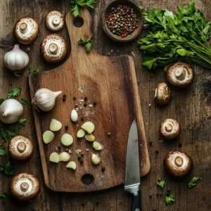 Fresh ingredients for mushroom stroganoff on a rustic kitchen countertop.