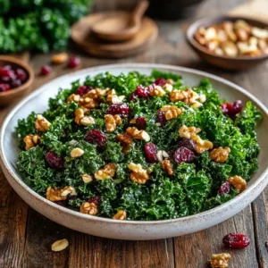 Kale salad with cranberries and walnuts, drizzled with vinaigrette, on a white ceramic plate.