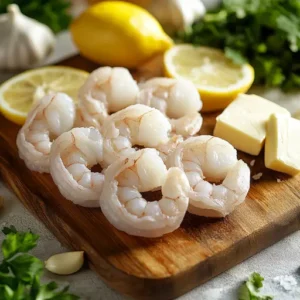 Fresh raw shrimp with garlic, parsley, butter, and lemon on a wooden cutting board.