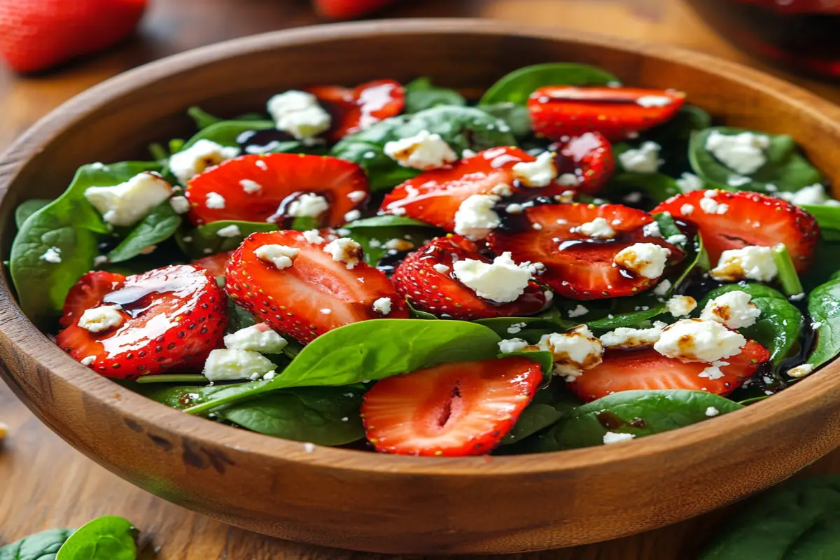 Strawberry spinach salad with feta cheese, fresh strawberries, and balsamic dressing in a wooden bowl.