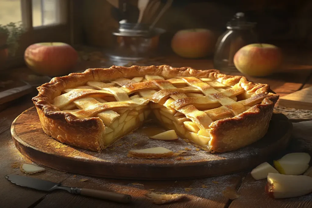 Golden brown apple pie with a slice removed, revealing spiced apple filling, placed on a wooden table with apples and baking tools nearby.