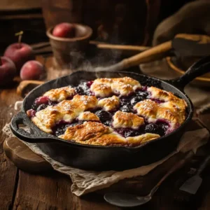 Freshly baked cobbler in a cast-iron skillet with bubbling fruit filling and a golden crust.