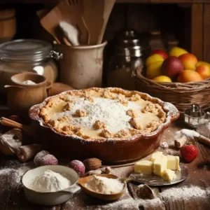 Rustic table with freshly baked cobbler and baking ingredients in a cozy kitchen.