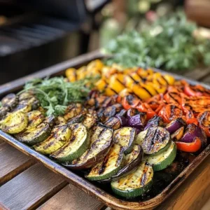 Rustic tray with freshly grilled vegetables for veggie wraps.