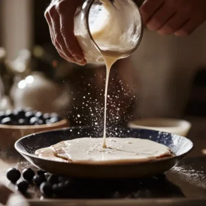 A chef pouring pancake batter onto a hot griddle, with bubbles forming on the pancake's surface and fresh ingredients in the background.