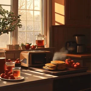 Toaster heating frozen pancakes in a bright kitchen with fresh fruit and syrup on the counter.