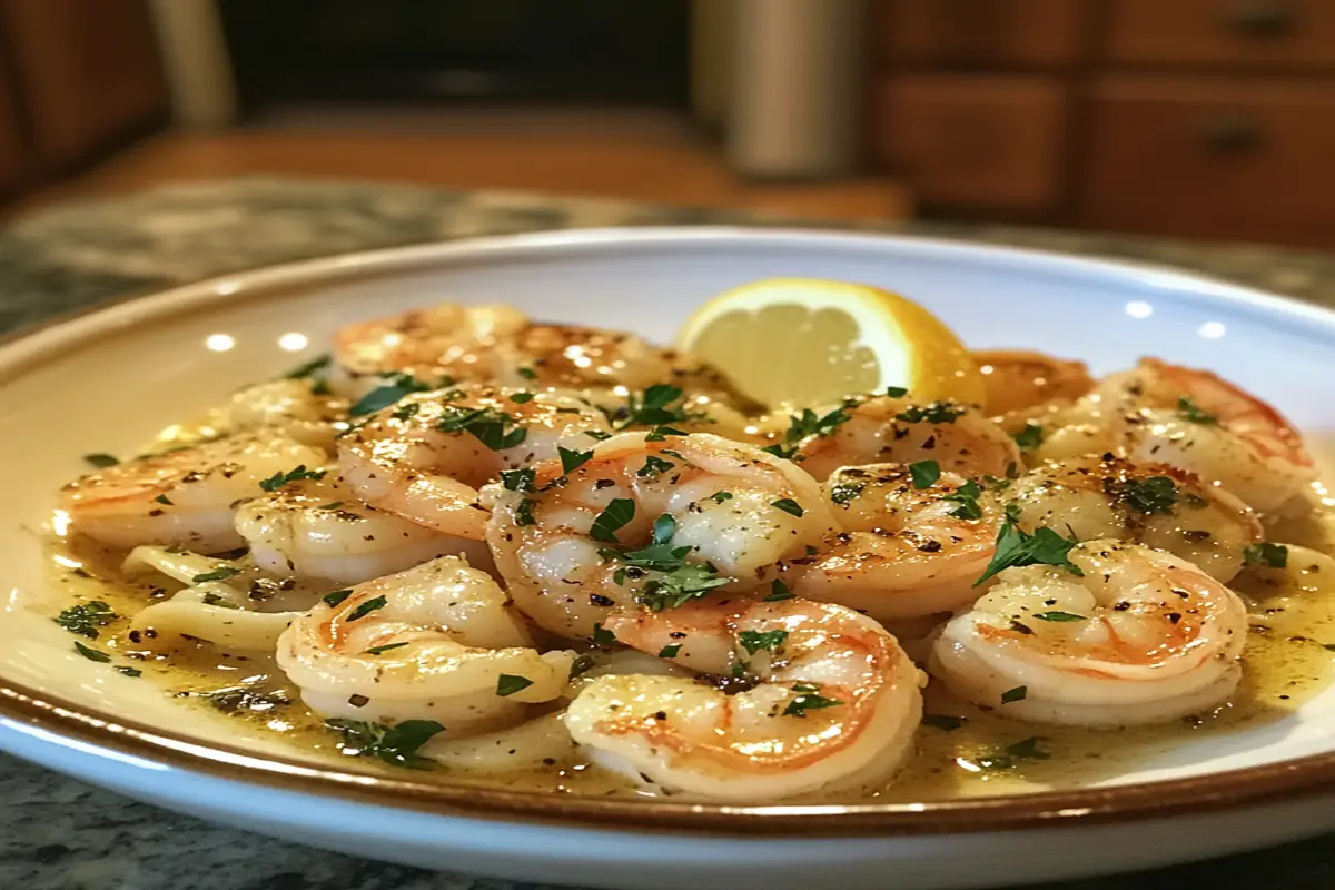 Garlic Butter Shrimp Scampi served over pasta, garnished with parsley and lemon.