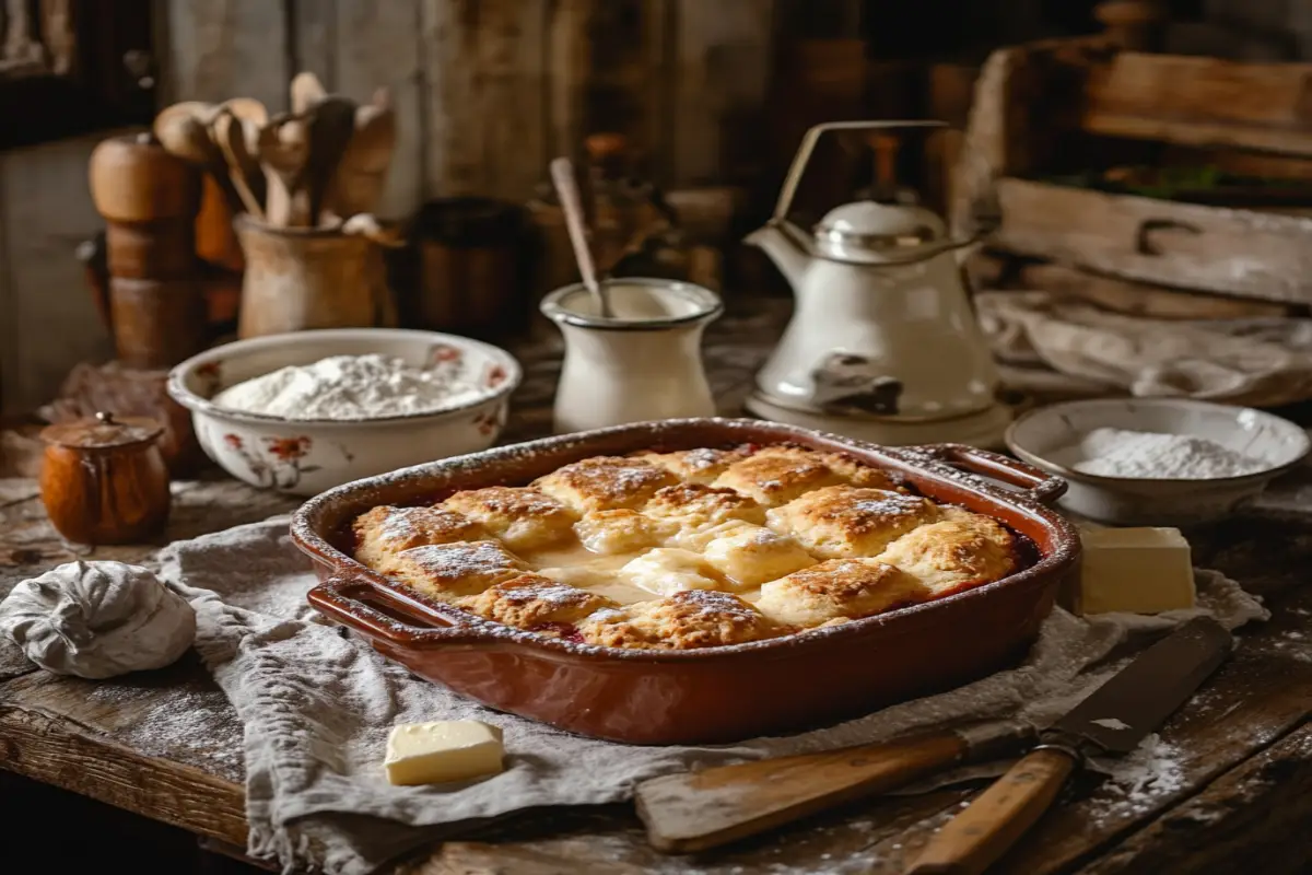 Rustic cobbler dessert with golden-brown topping and juicy fruit filling on a homely kitchen table.