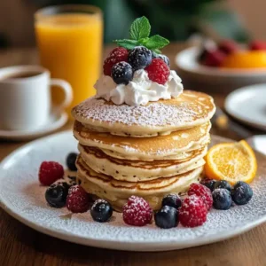 Gourmet stacked frozen pancakes with berries and whipped cream, served with coffee and orange juice.