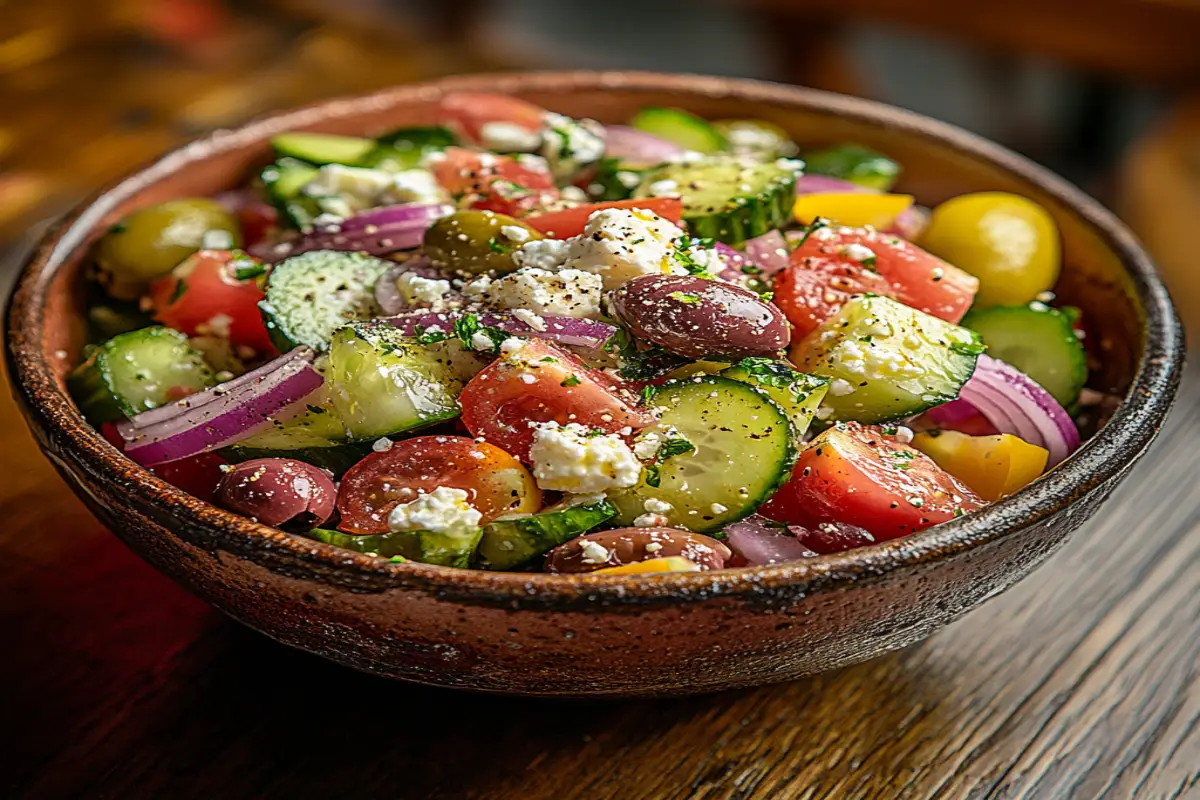 A colorful Greek salad with cucumbers, tomatoes, red onions, olives, and feta cheese topped with lemon dressing on a rustic table.