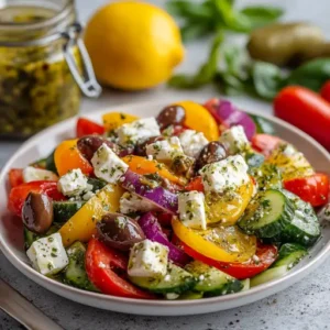 Greek salad with feta, olives, and vegetables drizzled with Greek lemon vinaigrette, alongside a jar of vinaigrette and fresh ingredients.