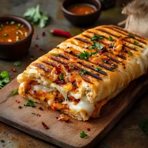 Grilled Bombay chilli cheese ciabatta sandwich sliced to reveal gooey cheese and spicy filling with chutney on the side.