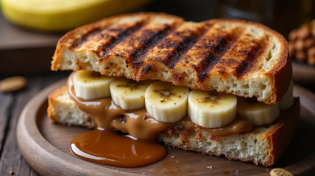 Grilled peanut butter banana sandwich with golden brown crust, melted peanut butter, and banana slices, served on a wooden plate with honey and cinnamon.