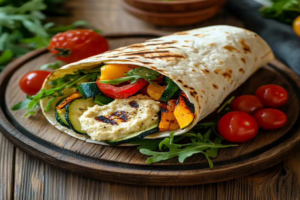 Grilled veggie and hummus wrap with colorful vegetables and creamy hummus on a wooden plate.