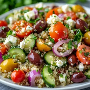 Close-up of a Mediterranean quinoa salad with cherry tomatoes, cucumbers, red onions, Kalamata olives, and feta cheese.