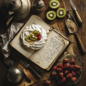 Vintage cookbook with handwritten recipes, surrounded by a partially made pavlova and fresh fruits on a rustic table.