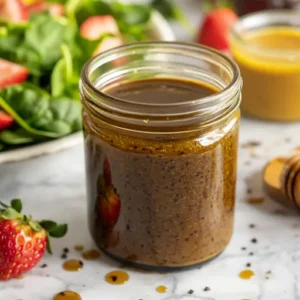 A jar of balsamic dressing surrounded by fresh ingredients and a partially dressed salad.