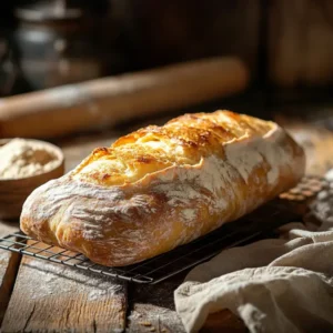 Artisanal ciabatta bread loaf cooling on a wire rack with a golden crust and airy texture in a rustic kitchen setting.