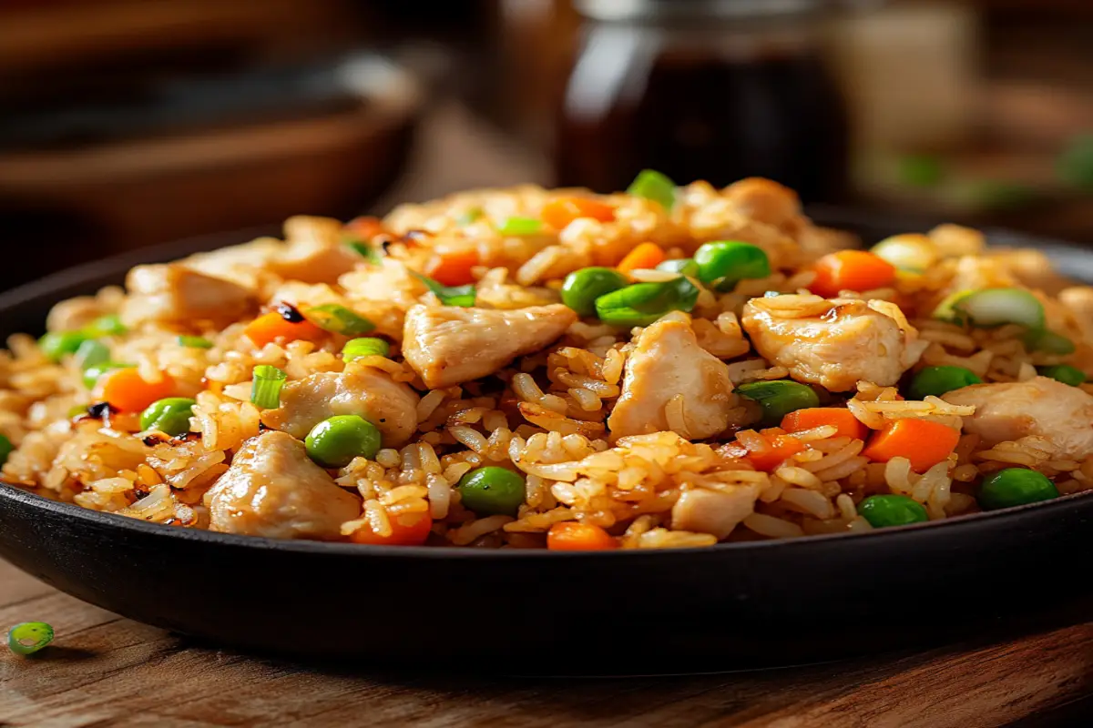 Homemade chicken fried rice with vegetables and chicken pieces, garnished with green onions, served on a rustic wooden table.