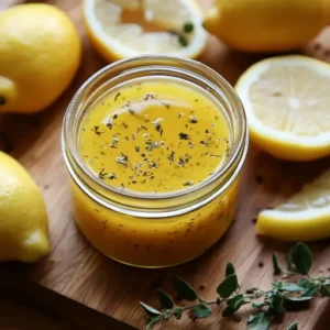 A jar of homemade lemon dressing with oregano, surrounded by fresh lemon slices and olive oil.