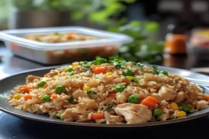 Homemade chicken fried rice with vibrant vegetables and chicken, compared to a takeout container with rice on a kitchen counter.