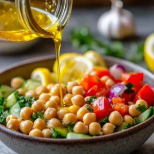 Close-up of Mediterranean Chickpea Salad dressing being poured over a bowl of fresh ingredients.