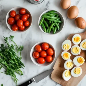 Prepped ingredients for Tuna Niçoise Salad, including cherry tomatoes, boiled eggs, potatoes, green beans, and tuna, on a cutting board.