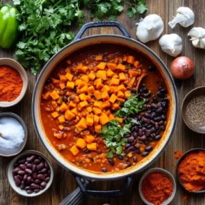 Diced sweet potatoes, black beans, onions, garlic, and spices laid out on a wooden countertop with a pot ready for cooking.