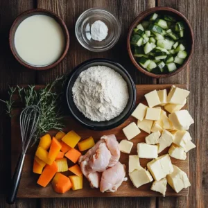 Ingredients for chicken cobbler, including chicken, vegetables, flour, butter, and cream, on a rustic wooden surface.