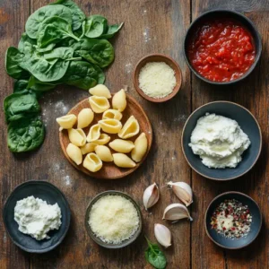 Fresh ingredients for spinach and ricotta stuffed shells, including spinach, ricotta cheese, jumbo pasta shells, and marinara sauce.