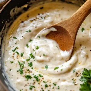 Close-up of Alfredo sauce being stirred in a skillet, showing the creamy mixture of butter and Parmesan cheese.