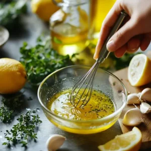 Hands whisking Greek lemon vinaigrette in a bowl with fresh ingredients like olive oil, lemons, garlic, and oregano on a countertop.