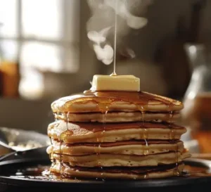 A close-up of fluffy golden pancakes stacked high, topped with melting butter and a drizzle of maple syrup, with cooking tools in the background.