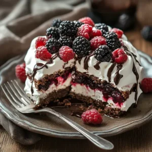 Close-up of a sliced chocolate pavlova cake with layers of crisp meringue, whipped cream, berries, and chocolate drizzle.